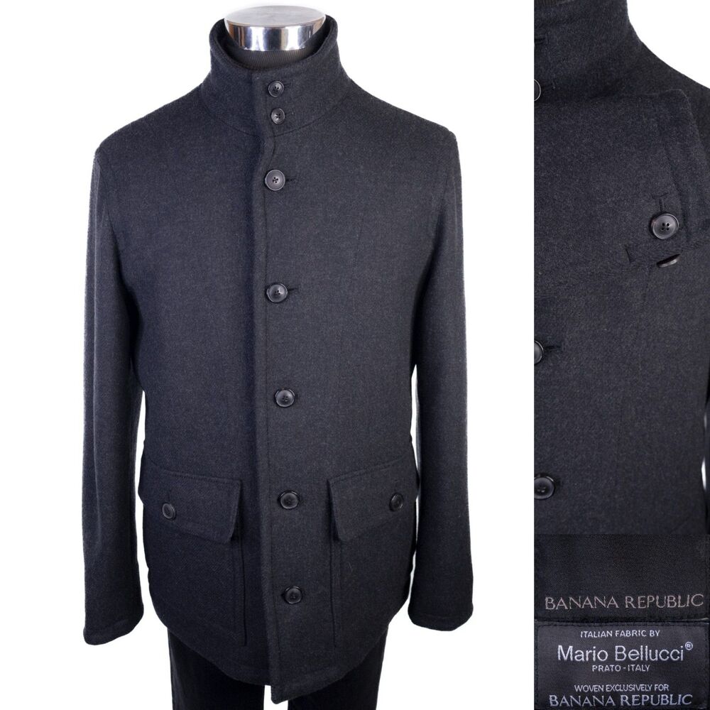 Banana Republic Coat PeaCoat Mens L Large Charcoal Gray Mario Bellucci Wool
